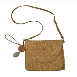 Tan Woven Crossbody Bag with Bohemian Charm